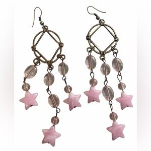 #699 Pink Star Beaded Chandelier Dangle Earrings Boho Vintage Inspired